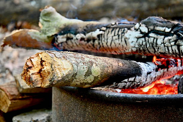 Close-up of a wood-burning campfire at a national park campsite contained within a metal fire ring with a grate used for cooking food.