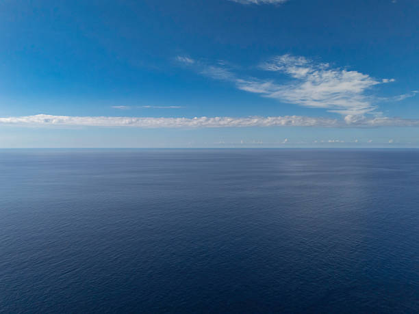 The serene expanse of deep blue water stretches endlessly toward the horizon, meeting a bright blue sky with wispy clouds, creating a peaceful coastal atmosphere.
