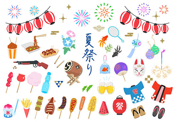 illustrations, cliparts, dessins animés et icônes de festival d’été lié à l’illustration ensemble d’icônes - festival traditionnel
