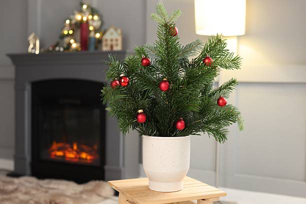 istock Beautiful Christmas composition of decorated fir tree branches on stool indoors 2213670962