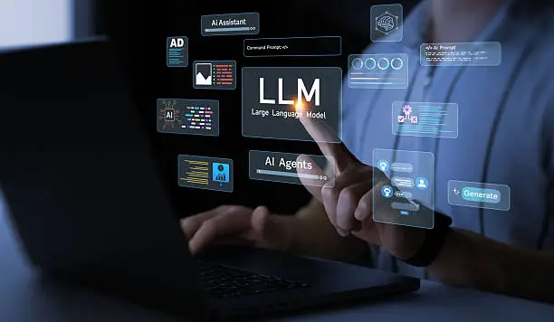 Photo of Large language model(LLM) with AI technology.User working on laptop in LLM,Data performrange language tasks,answering questions, summarizing information, translating languages, writing code.