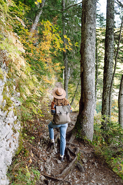istock A female hiker with a backpack and wearing a hat walks along a lush forest path. 2213681200