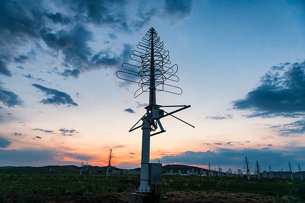 Observatory satellite receiving antenna at sunset