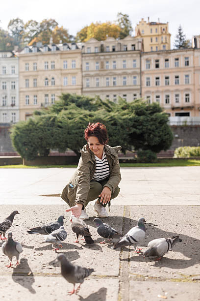 istock Woman feeding pigeons on old spa town square 2213688535