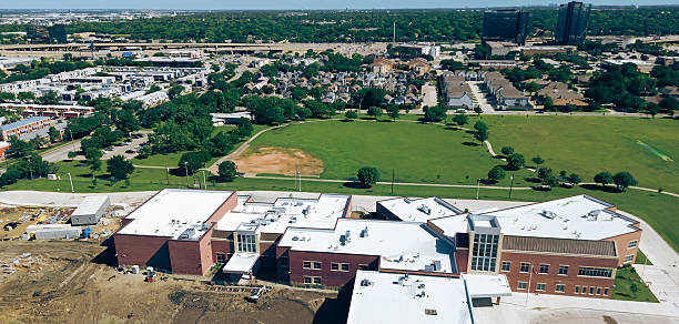istock Panorama aerial view rapid growing North Dallas, Interstate 635 Lyndon B Johnson freeway mixed business park, commercial buildings, residential houses, park, elementary school construction site 2213689095