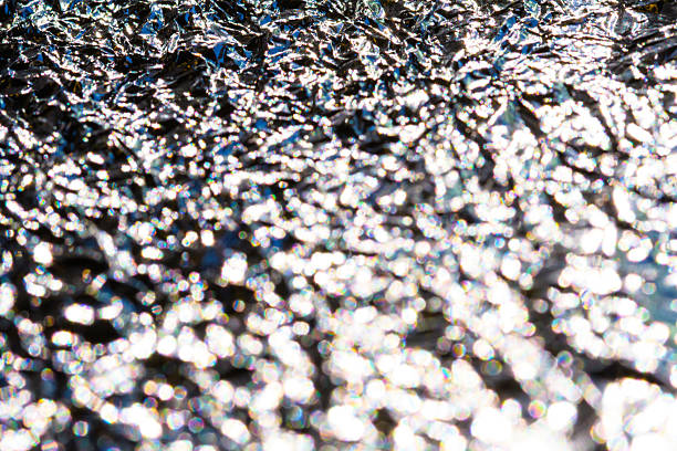 Abstract close-up shot of crumpled aluminum foil, creating a shimmering and reflective surface. Bokeh lights add a dreamy and blurred effect, enhancing the visual texture and creating a sense of mystery and wonder. This captivating background is perfect for adding a touch of sophistication to various creative projects.