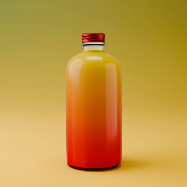 istock tall bottle filled with a refreshing drink displays a beautiful gradient from orange to red. smooth glass surface catches light, creating an inviting atmosphere in a simple setting. 3d render 2213694088