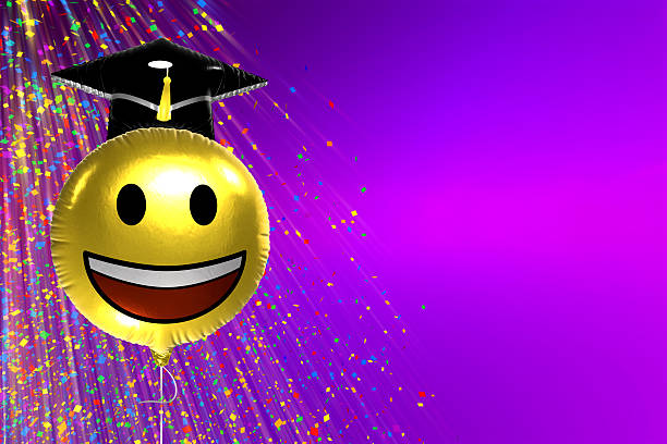 Graduation themed happy smiling emoji balloon with copy space. 3D render for academic celebrations.