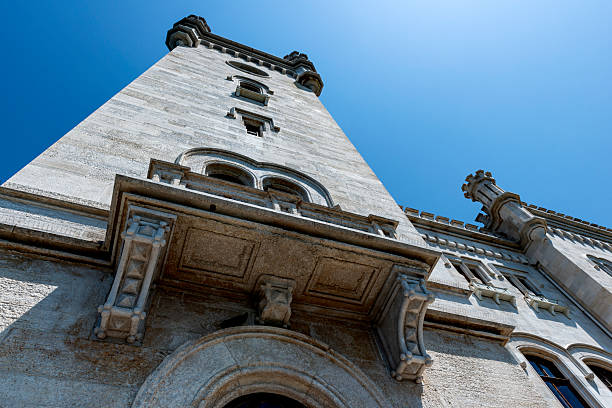 Trieste, Italy - June 7, 2023: Architectural details of Miramare Castle on the coast of the Gulf of Trieste