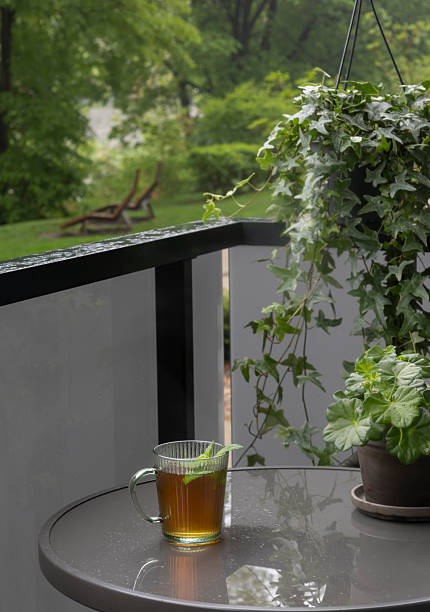 cup of black tea on balcony in rain stock photo