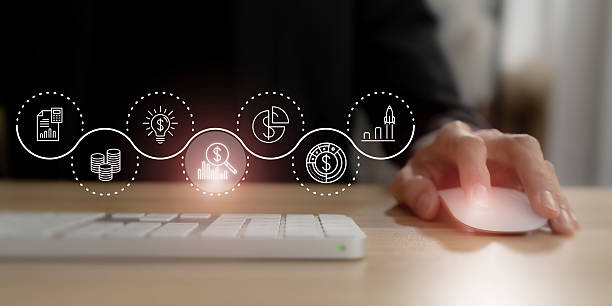 istock Financial Management and Business Planning Concept. Using computer mouse with icons representing financial management, including budgeting, investment, analysis and growth strategy, using technology. 2213727350