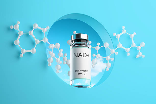 Bottom view of molecular structure NAD and ampoule with solution for injection in the hole on blue background. Concept of anti-aging therapy and life extension. 3d render, illustration.
