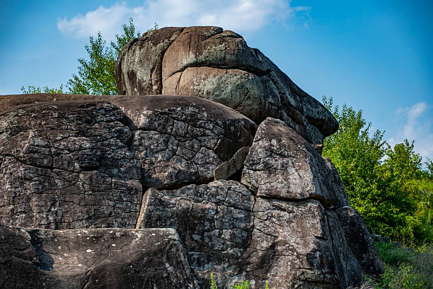 istock Large Rock Formation Resembling a Face Under a Clear Blue Sky Surrounded by Green Foliage 2213729342