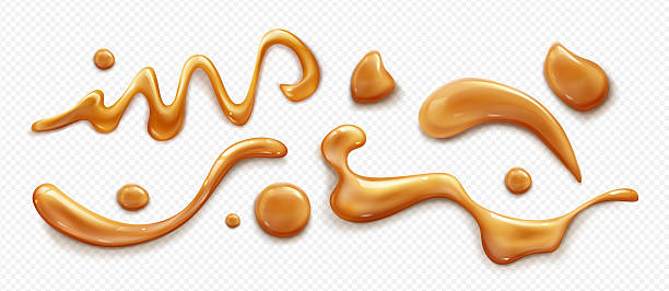 Caramel sauce syrup realistic splashes and drops Caramel sauce syrup realistic splashes and drops set on transparent background. Flowing liquid toffee in various shapes, golden brown color sweet food topping decoration. Melted candy blobs and drips caramel stock illustrations