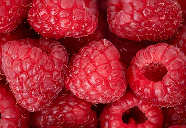 Macro photo of fresh ripe raspberries with vibrant red color and detailed texture. Perfect for food backgrounds, healthy eating, and organic nutrition concepts.