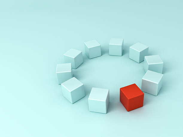 istock Stand out from the crowd and different concept One strange red cube square box among other light blue boxes forming circle isolated on light blue green pastel color background with shadow 3D rendering 2213735689