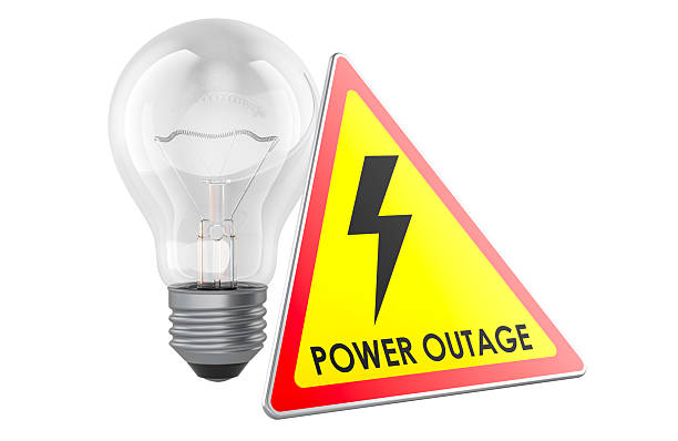 Lightbulb with power outage yellow triangle sign, 3D rendering