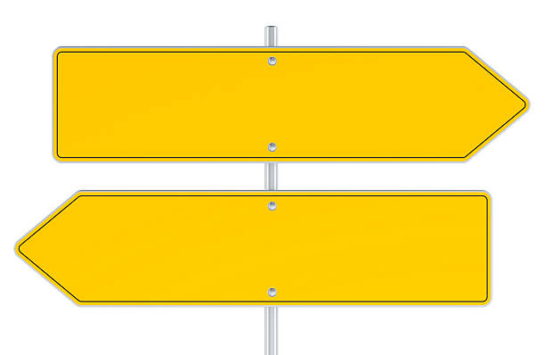 Two empty yellow traffic road sign arrows, opposite traffic signs, 3D rendering isolated on transparent background