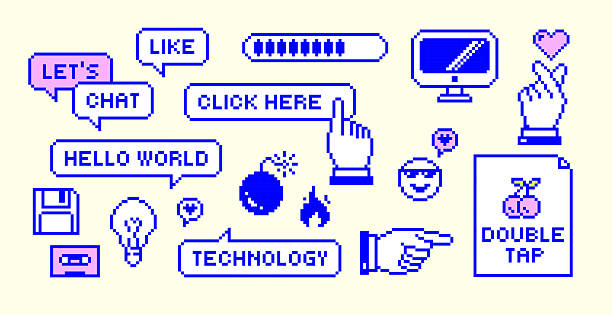 Retro Pixel Technology stickers. Y2k computer interface elements set. Old Fanny PC UI icon assets for computer, floppy disc, audio cassette, battery, speech bubble, finger heart. isolated items Retro computer interface elements set. Design elements for social media. isolated items. Brutalism style. Vector illustration 21st century style stock illustrations