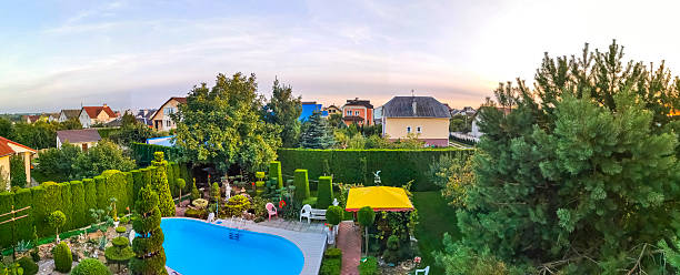 Brest Brest Region Belarus 19. September 2020 Beautiful pool in the garden in Leninskiy Rayon Brest Brest District Brest Region Belarus.