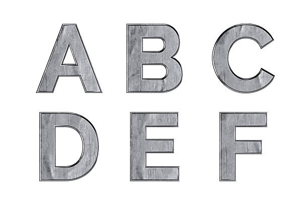 Letters made of rough, scratched and damaged metal. 3d illustration of iron alphabet isolated on white background