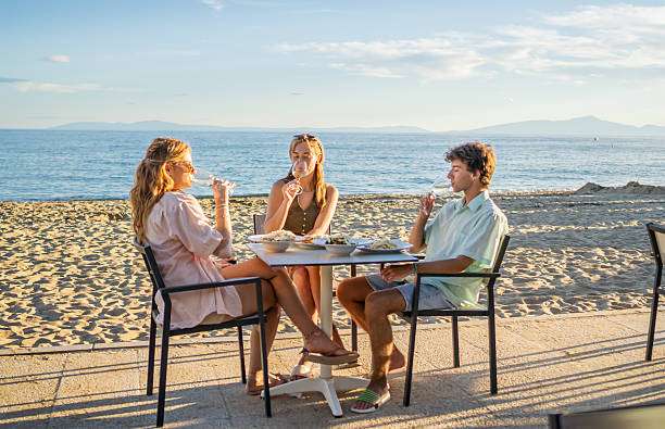 istock Friends enjoying seaside dinner with wine at sunset 2213744440