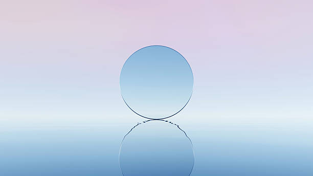 3D render, Futuristic surreal floating circle mirror that reflected on calm pastel sea horizon background