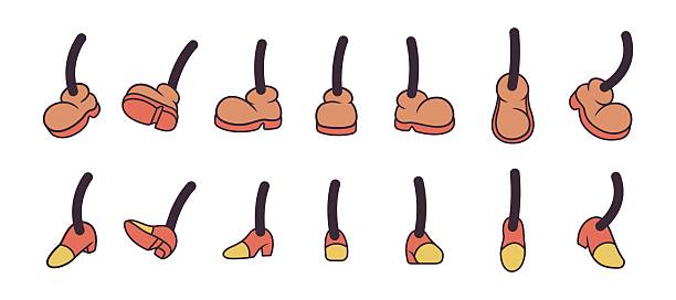 Set of cartoon style legs with retro shoes in different positions and angles. Collection of vintage character feet with black legs.