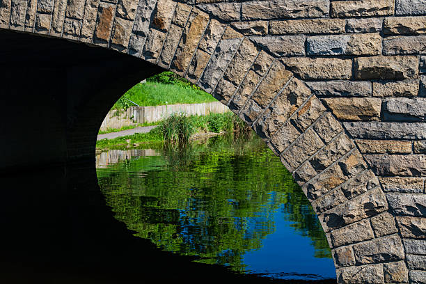 Austria, Kärnten, Klagenfurt. Historic stone bridge across the Lendkanal, 8th district “Villacher Vorstadt”. It was built in 1535 and is the oldest bridge over the Lend Canal.