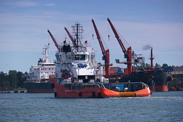A tugboat maneuvers through the water, aiding larger cargo ships docked at the busy port. Cranes stand tall, ready to load and unload cargo amid a clear blue sky.