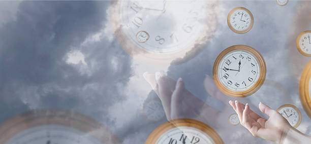 Hands reach out toward multiple floating clocks against a cloudy backdrop, illustrating a surreal representation of time and its ephemeral qualities, capturing a moment of reflection.