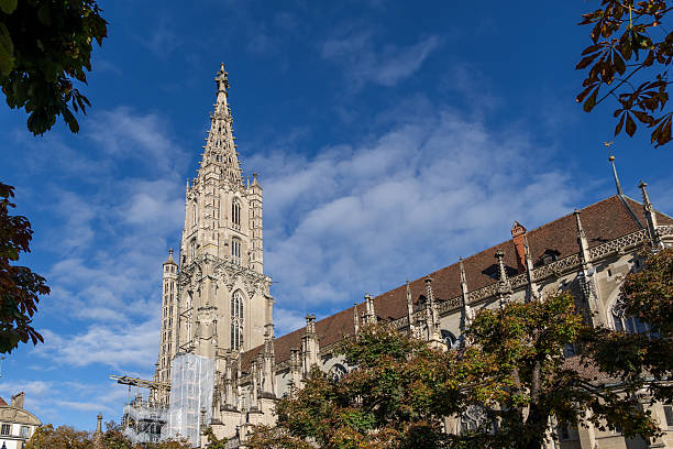 Regensburg, Germany - November 06, 2023 : A cathedral with intricate stonework stands tall against a clear blue sky in Regensburg, Germany.