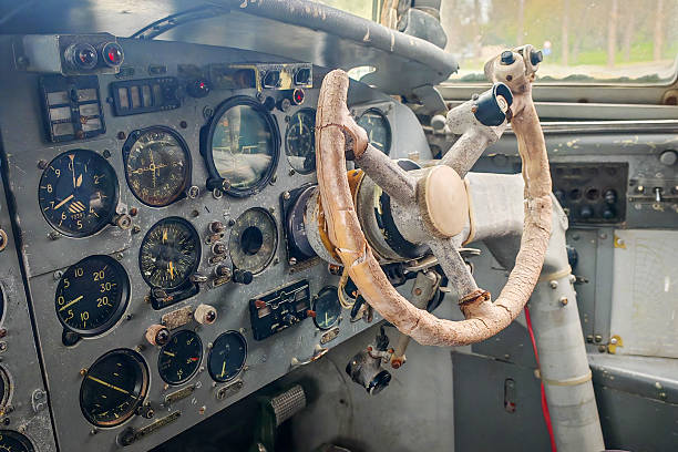 istock Old vintage airplane cockpit with analog instruments 2213761010