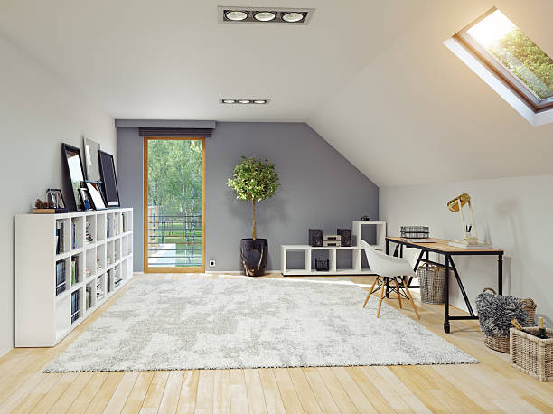 istock Attic room with skylight and carpet 2213763428
