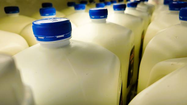 istock Milk jugs with blue caps in a grocery store refrigerator 2213764090