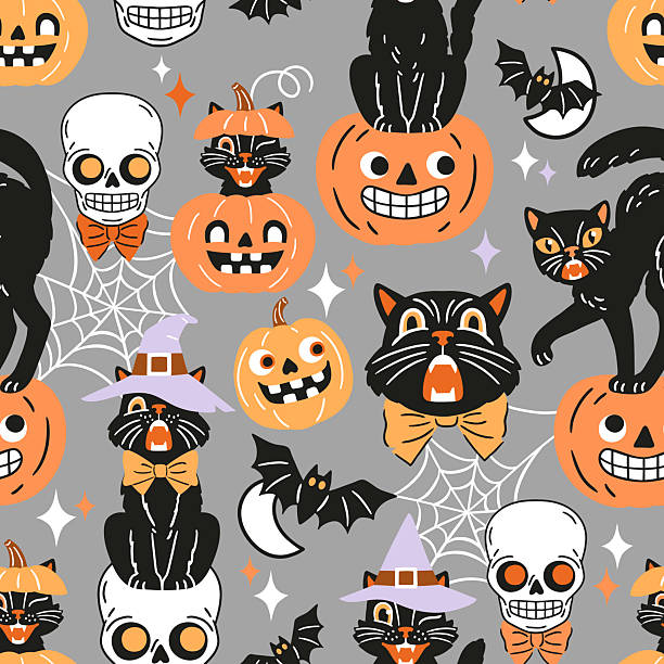 Seamless vector pattern with retro Halloween characters. Hand drawn spooky black cat and Halloween pumpkin illustration. EPS 10 vector file. Perfect for textile, wallpaper or nursery print design.