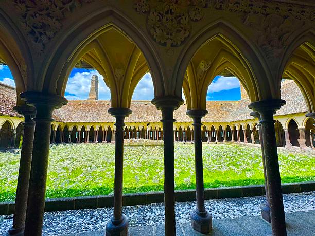 10th. Century Benedictine monks established ramparts and fortifications and soon became a major pilgrimage destination on an island in Normandy, France.