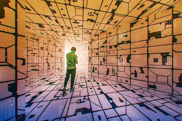istock Man walking in abstract futuristic corridor 2213776136