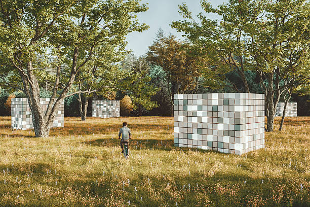 Man cycling in fantasy landscape. 3D generated image.