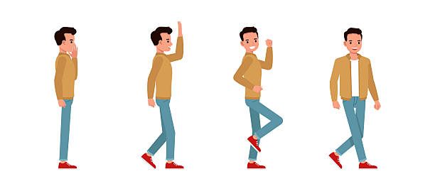 istock Businessman wear brown jacket working in office character vector illustration design set. Happy man walking saying hello. 2213784837