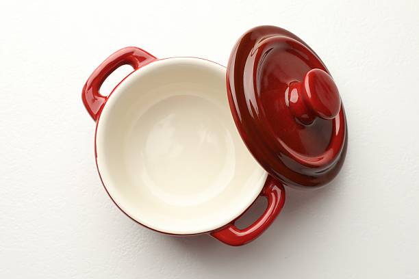 istock Ceramic casserole and lid on white table, top view 2213791958