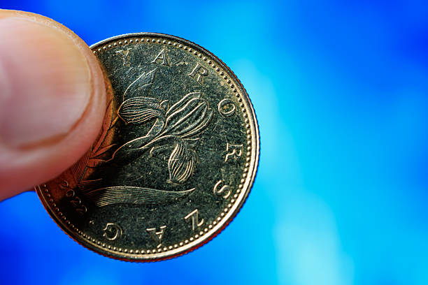 Arab coin UAE coin held by hand against blue background.