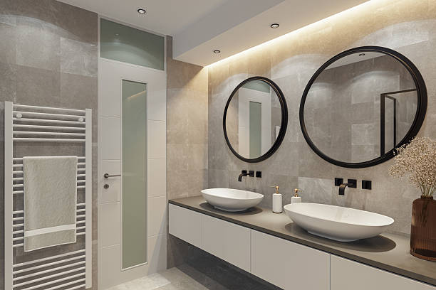 istock Modern Spa-Inspired Bathroom with Dual Sinks and Natural Stone Tiles 2213795578