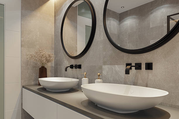 istock Modern Spa-Inspired Bathroom with Dual Sinks and Natural Stone Tiles 2213795579