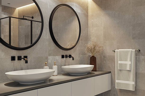 istock Modern Spa-Inspired Bathroom with Dual Sinks and Natural Stone Tiles 2213795591