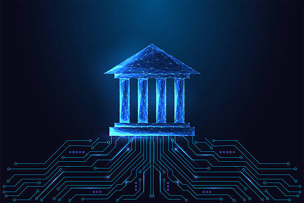 stockillustraties, clipart, cartoons en iconen met digital governance and smart institution concept with glowing building and circuit board, vector - gerechtsgebouw
