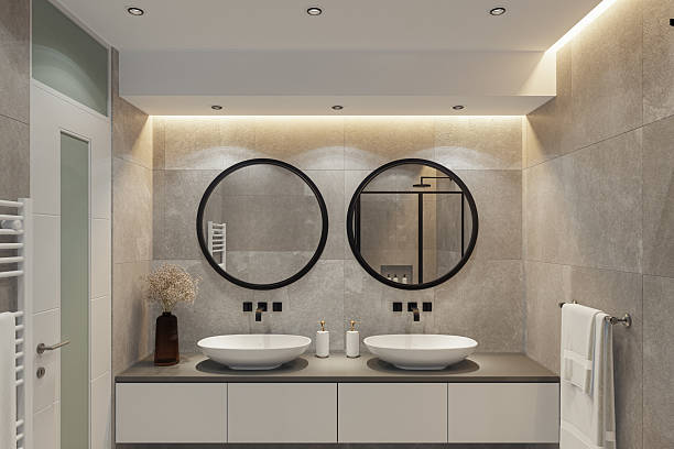 istock Modern Spa-Inspired Bathroom with Dual Sinks and Natural Stone Tiles 2213795693