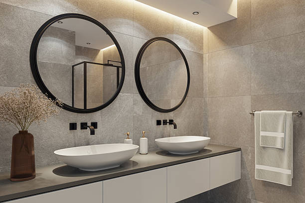 istock Modern Spa-Inspired Bathroom with Dual Sinks and Natural Stone Tiles 2213795694