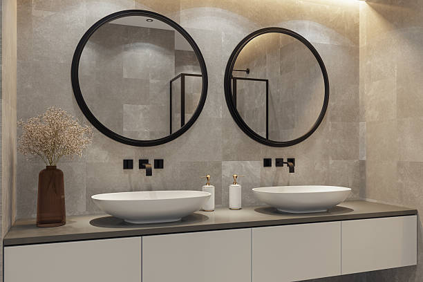 istock Modern Spa-Inspired Bathroom with Dual Sinks and Natural Stone Tiles 2213795695