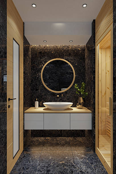 istock Compact Modern Bathroom with Pine Wood Sauna and Black Marble Accents 2213797665